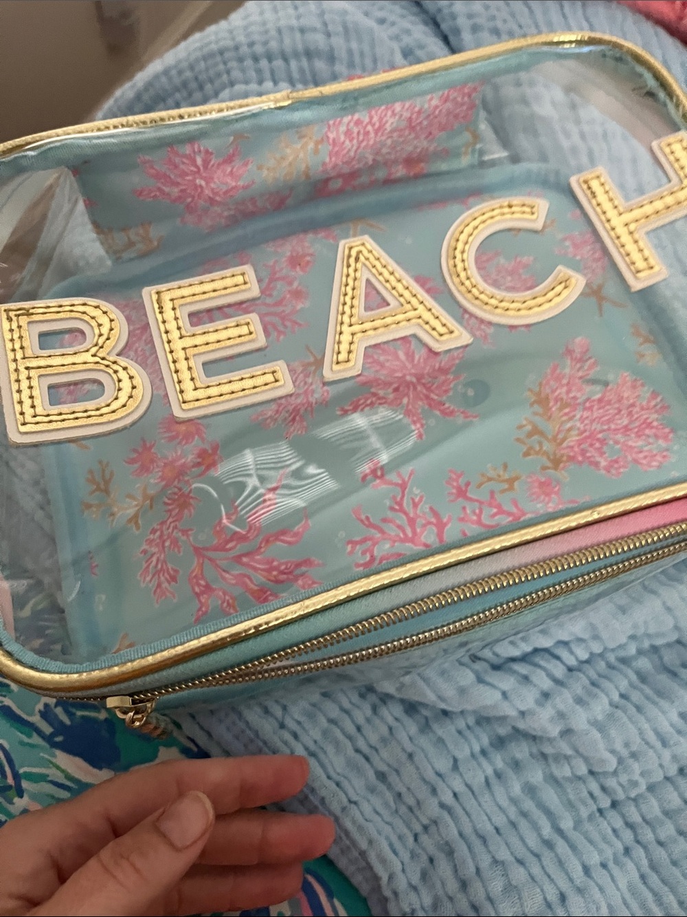 Lilly Pulitzer Clear 'BEACH' Cosmetic Bag in Aqua with Pink Coral - Picture 3 of 10